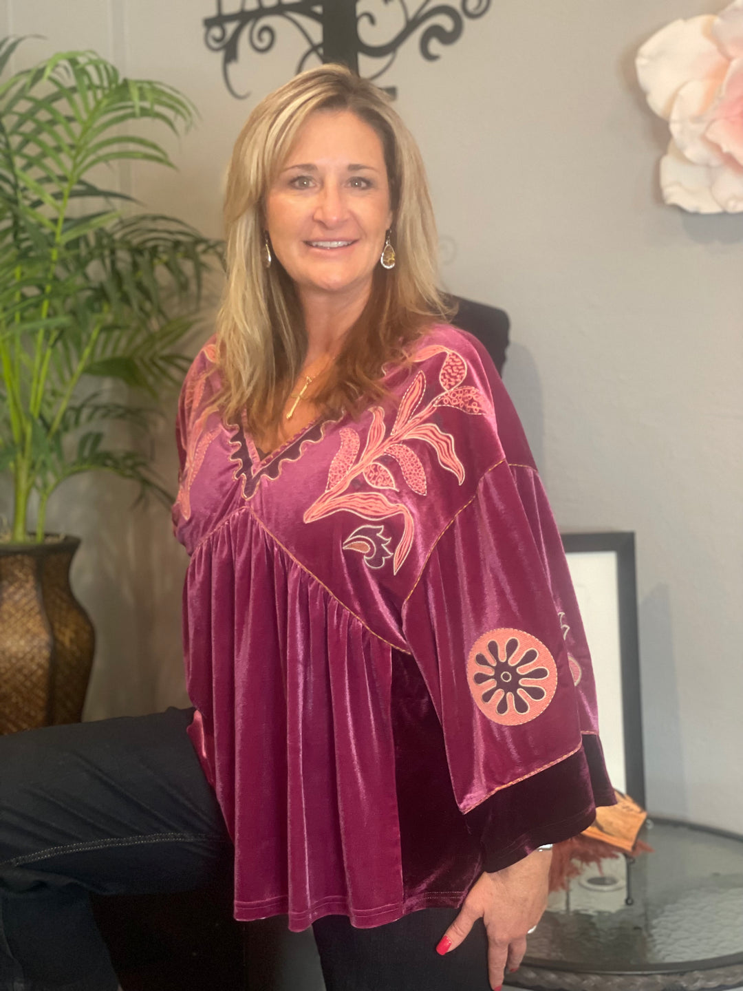 Tops, Embroidery Velor Top