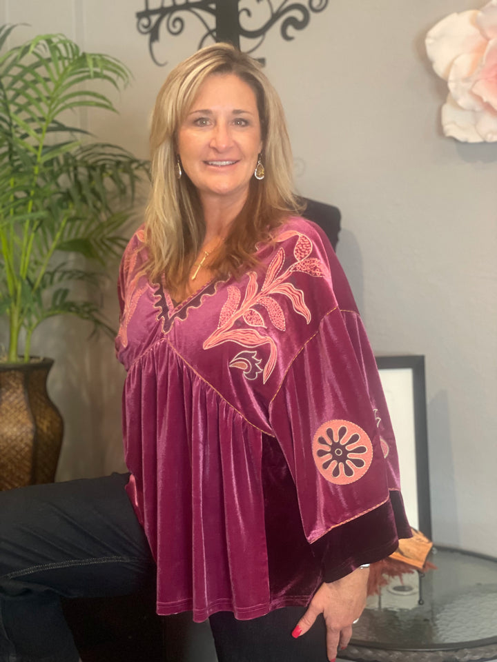 Tops, Embroidery Velor Top