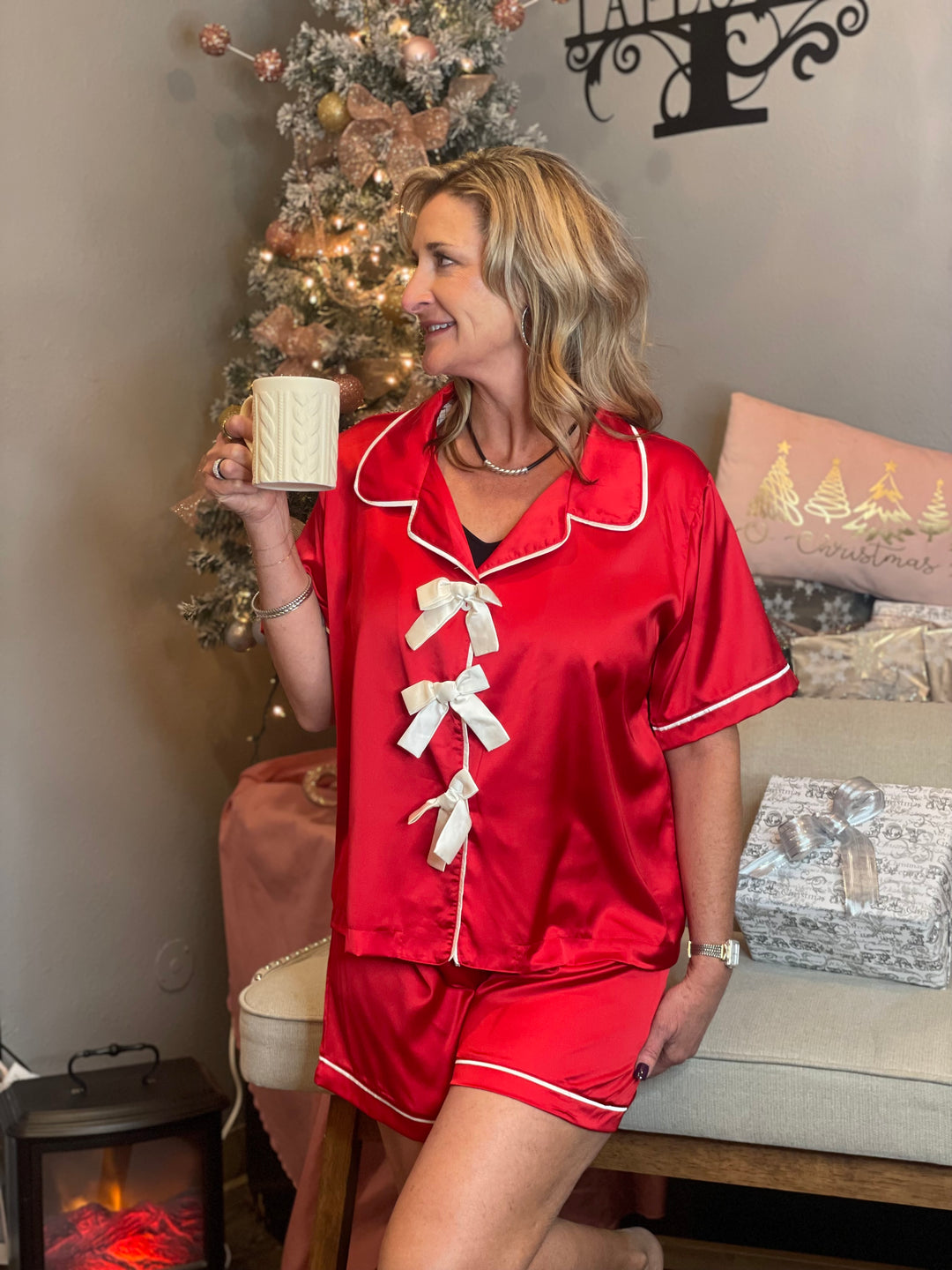 Loungewear, Satin PJ Set w/Bow