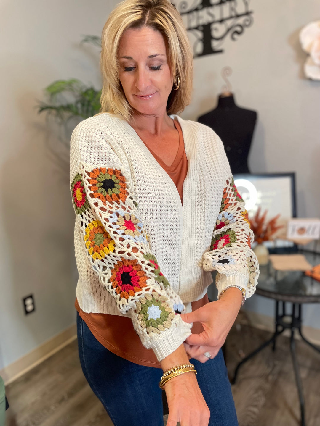 Tops, Crochet Sleeve Sweater