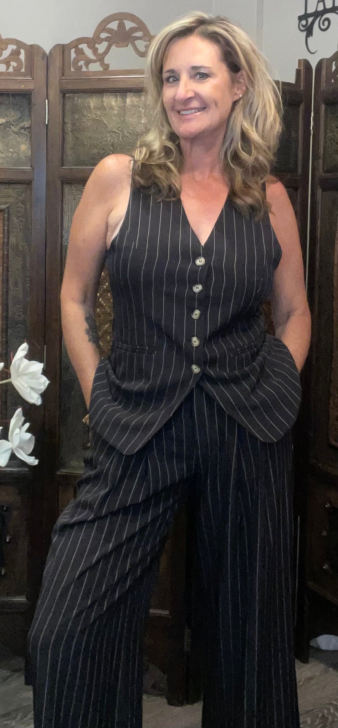 Tops, Pinstriped Button Down Vest