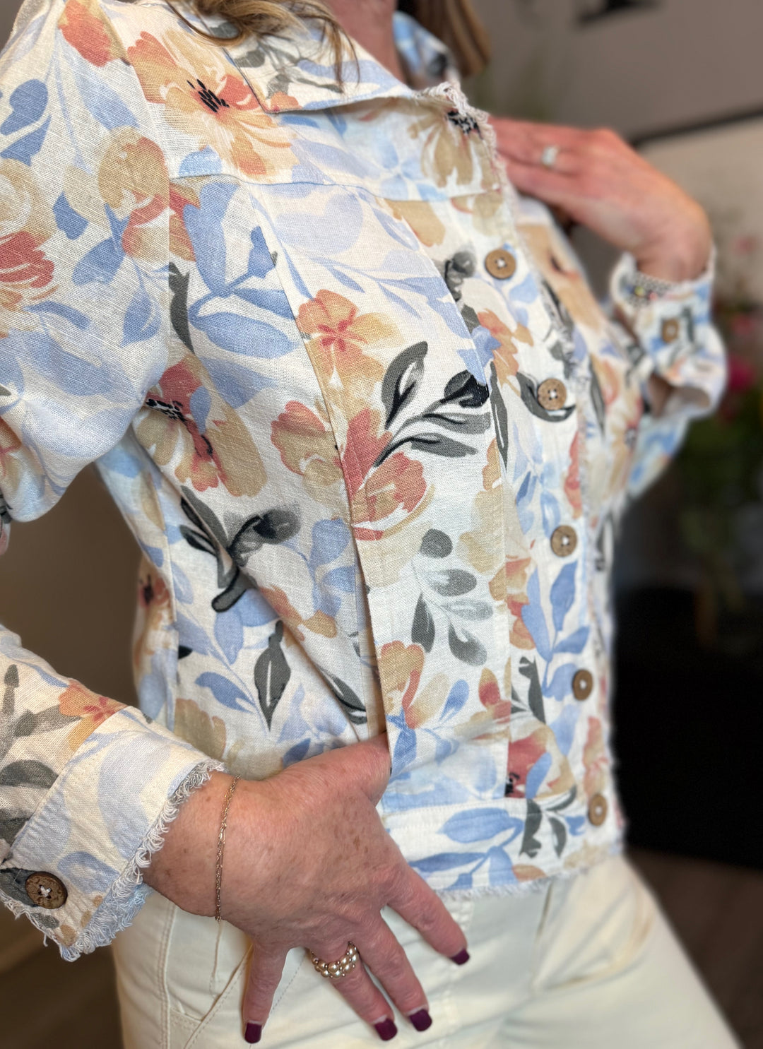 Outerwear, Printed Linen Frayed Hem Jkt