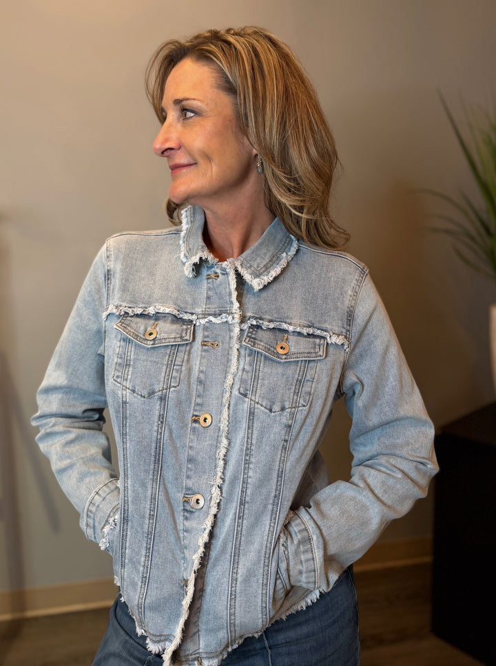Outerwear, Stretch Denim Jkt w/Fringe Edgeing