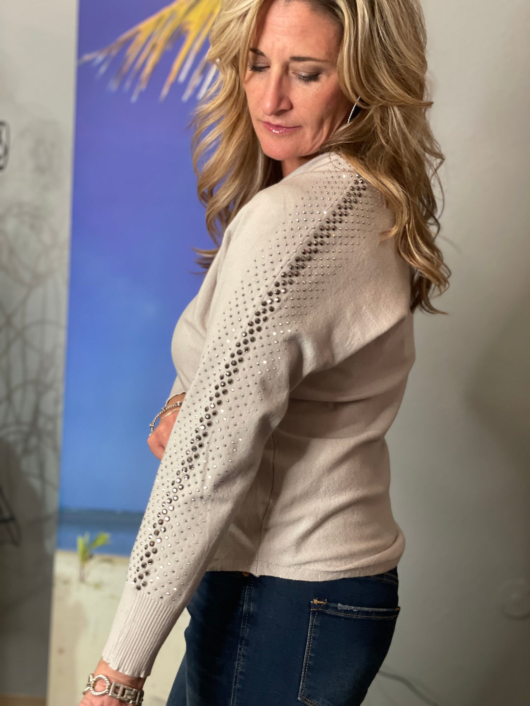 Tops, V neck Crystal Sleeve Hoodie RB