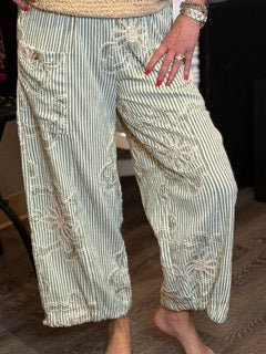 Pants, Embroidery Flower w/Stripe