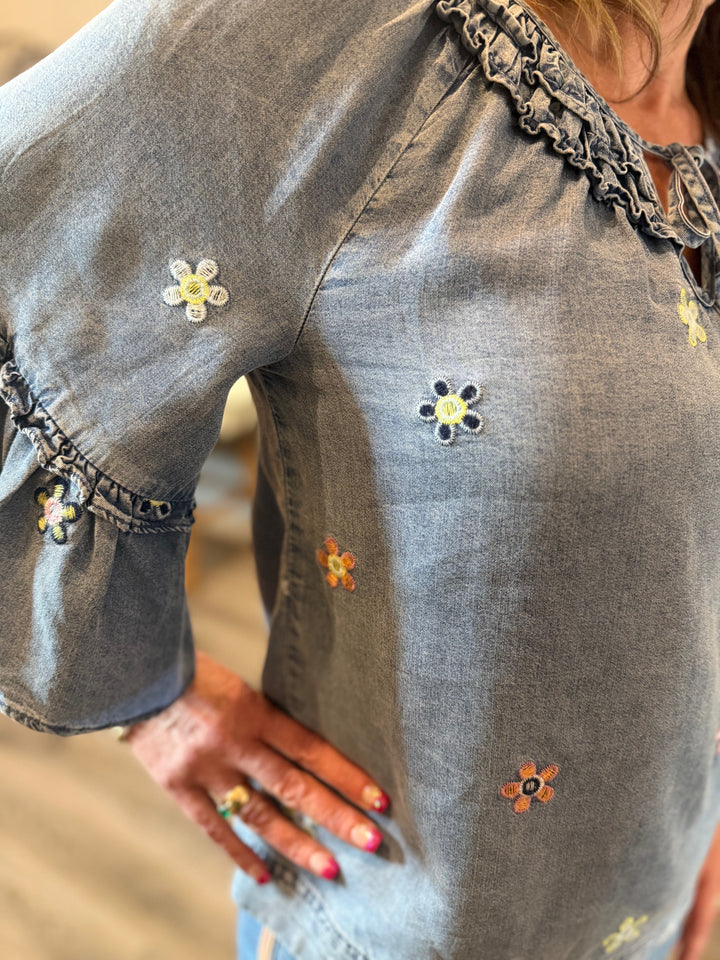 Tops, Ruffle Denim w/embroiery