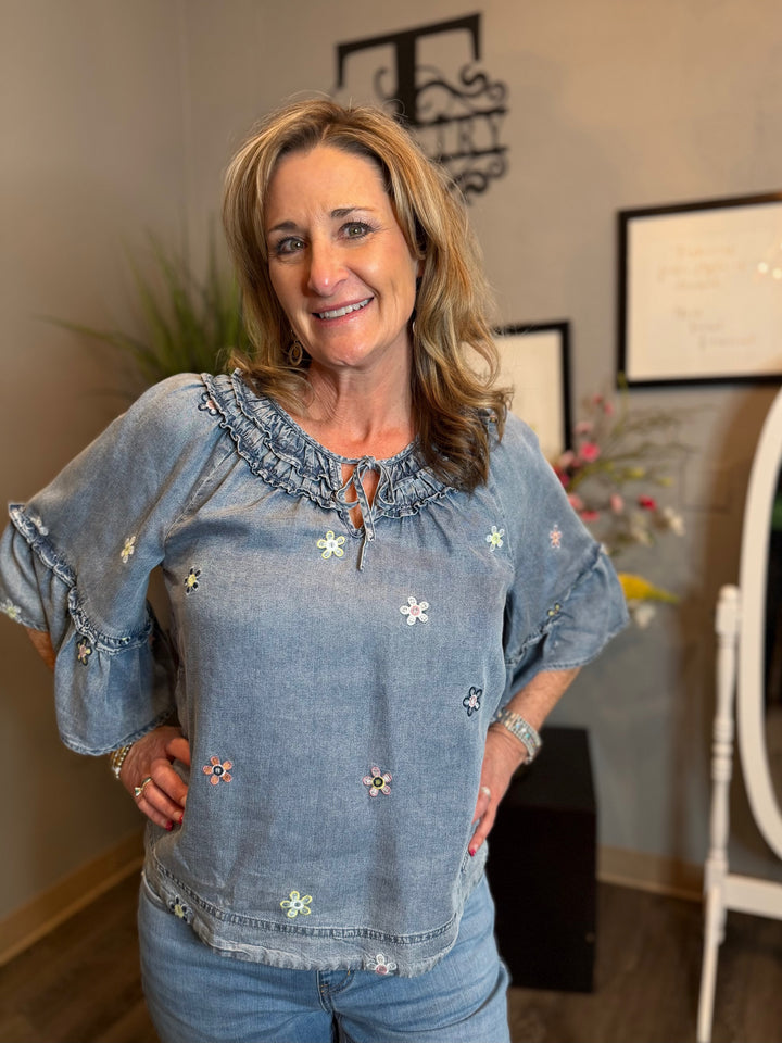 Tops, Ruffle Denim w/embroiery