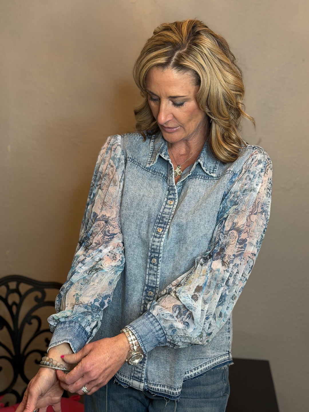 Tops, Pleated Sleeve Chambray Button Down