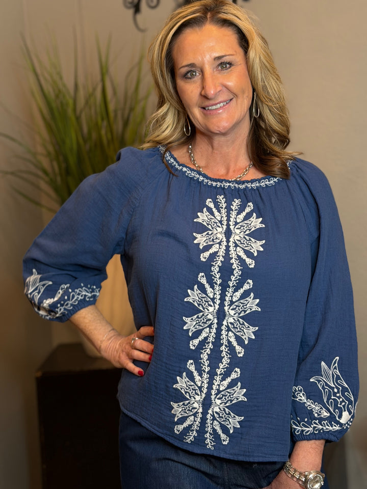 Tops, Woven 3/4 Sleeve w/Embroidery