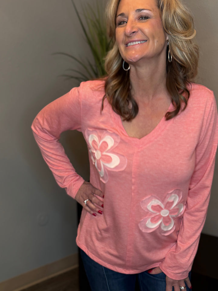 Tops, Fresh Salmon Floral Patchwork V Neck Long Sleeve Tee