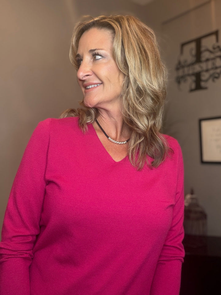 Tops, Long Sleeve V-neck Sweater Cherry